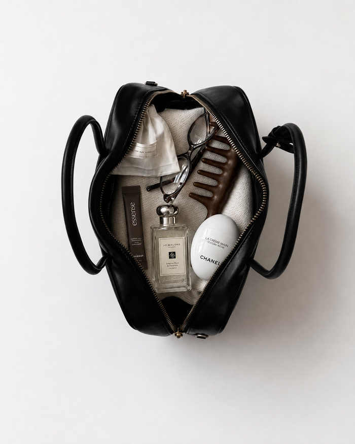 Open black leather studio bag with an Essense Protocol 01 sachet box, glasses, comb and skincare