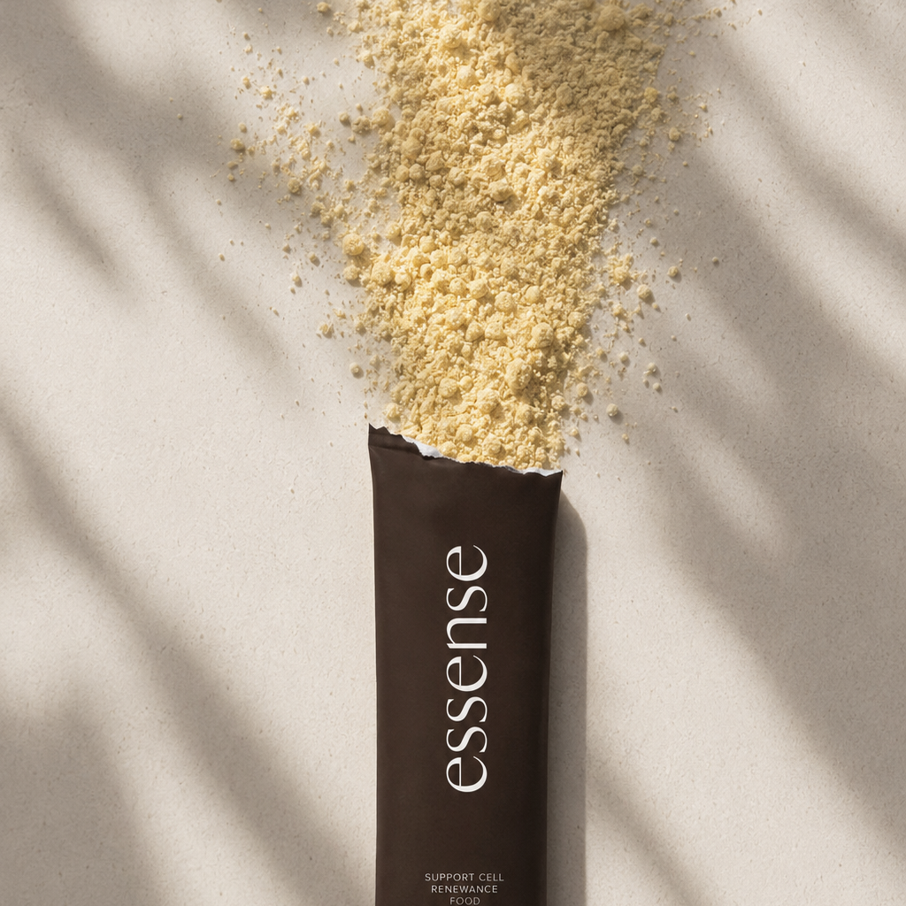 Open Protocol 01 sachet with the coconut-flavoured powder spilling out · 31 actives, every dose on the label