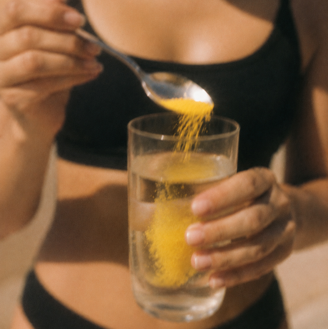 Stirring Protocol 01 into a glass of cold water · one scoop every morning, no caffeine